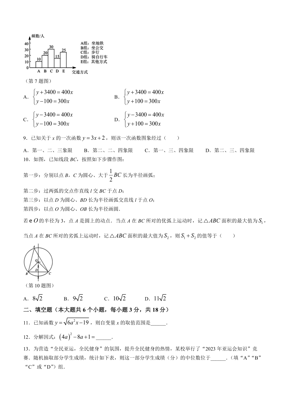 2024年湖南省长沙市初中学业水平考试模拟数学试卷（一）含答案_第2页