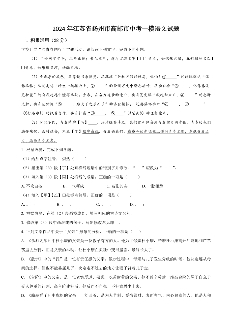 2024年江苏省扬州市高邮市中考一模语文试卷（含答案解析）_第1页
