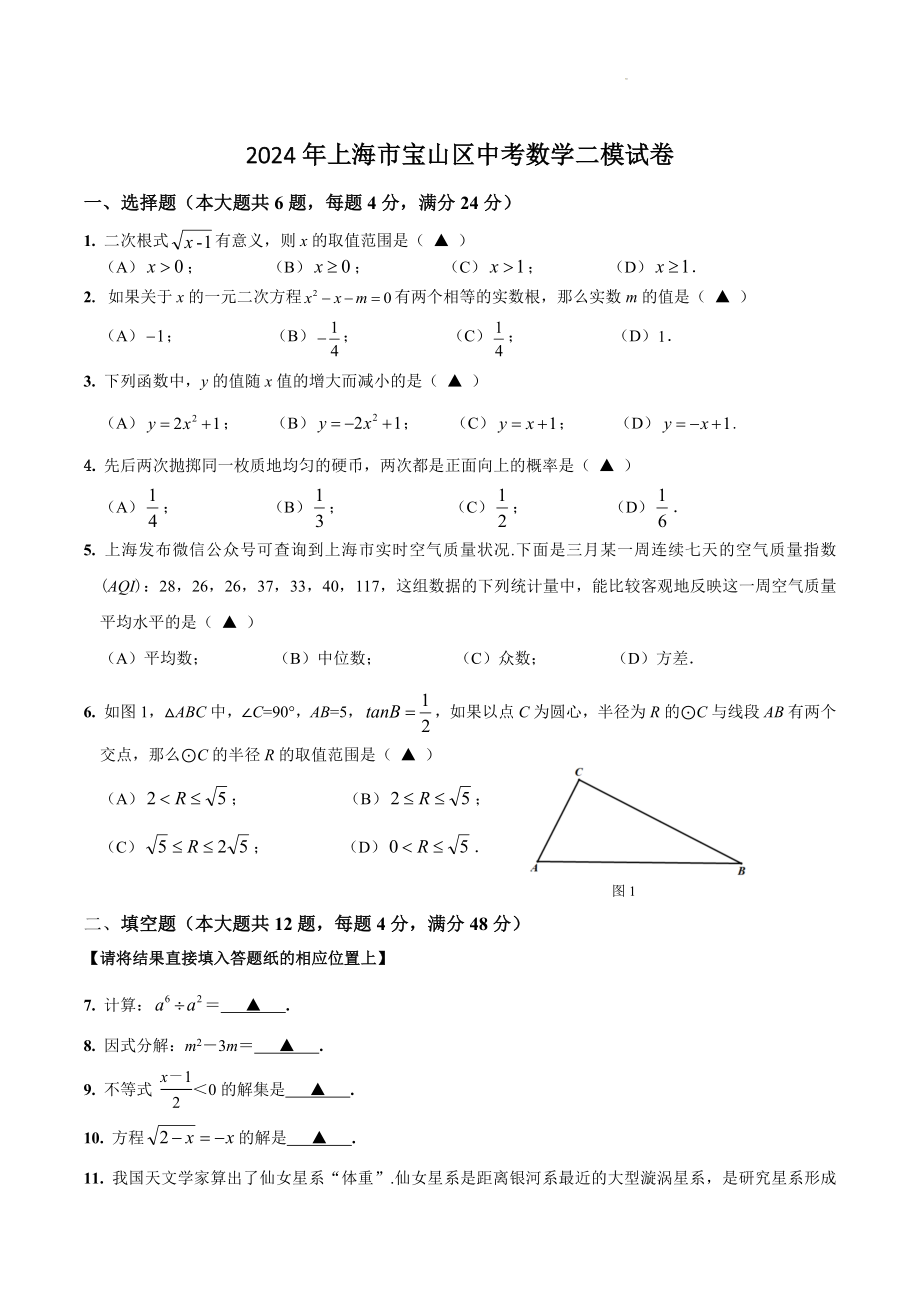 2024年上海市宝山区中考数学二模试卷（含答案）_第1页