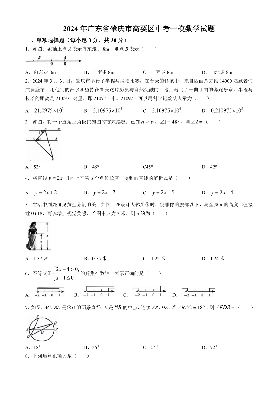 2024年广东省肇庆市高要区中考一模数学试卷（含答案）_第1页